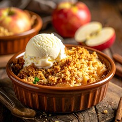 Close-up of a warm apple crumble dessert in a ceramic dish, topped with golden crumb and a scoop of vanilla ice cream, served on a rustic wooden table, cozy dessert photography style