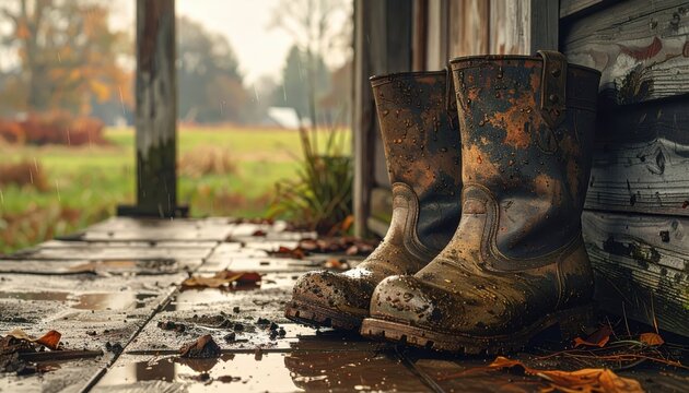 Worn Rubber Boots on a Wet Porch Surrounded by Autumn Leaves
