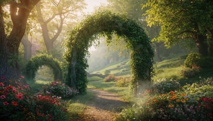 Stunning arch draped with vines in a dreamy, enchanted woodland during a misty spring day, created with digital artistry.