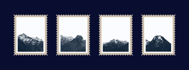 Mountain postage stamp. Contemporary art, philatelic culture, and the environment. A collection of paper mountain and rocky slopes. Peaks with a grunge texture, old postage stamps. Vector illustration