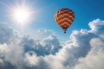 Fototapeta premium Stunning celestial scene with vibrant balloons soaring through a clear sky filled with fluffy clouds and radiant sunlight