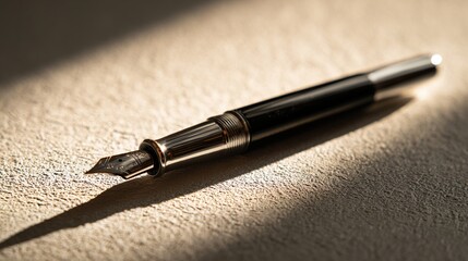 Fototapeta premium nib. Elegant fountain pen resting on a textured surface, captured from an overhead angle with warm lighting for a sophisticated look. lifestyle magazines.
