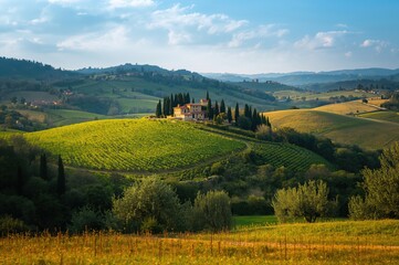 Obraz premium Stunning rural scenery featuring rolling green and yellow hills, olive groves, and a countryside farmhouse in springtime nature