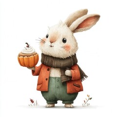 Cute rabbit character holding a pumpkin cupcake in a cozy autumn setting
