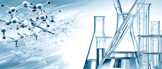 Scientific research and experimentation in a laboratory with glassware and molecular structures represented in the background