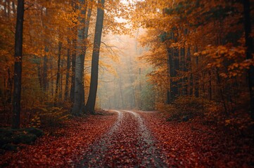 Obraz premium Narrow trail through thick fall woods