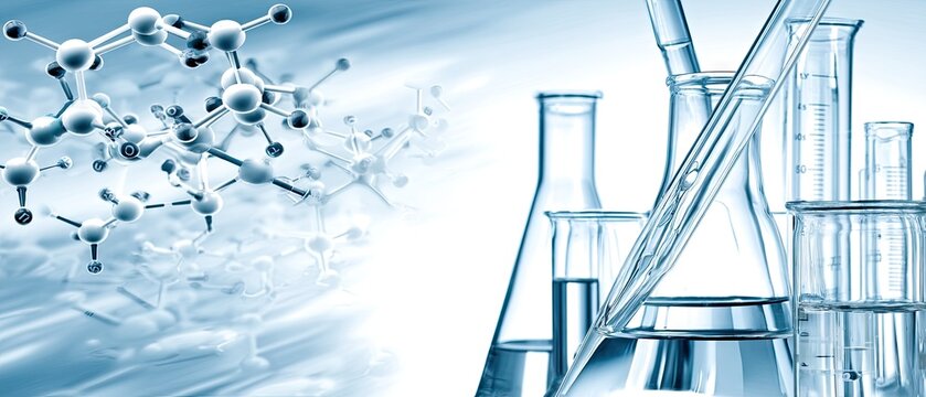 Scientific research and experimentation in a laboratory with glassware and molecular structures represented in the background