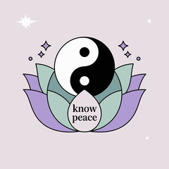 Minimalist yin yang symbol centered on a lotus flower with 'know peace' text inspiring balance harmony and serenity vector