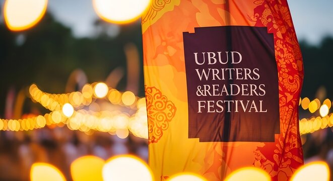 A vibrant event banner, illuminated by warm bokeh lights, sets a festive scene for a lively outdoor community gathering, celebrating shared experiences