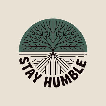 Conceptual representation of growth and humility with tree roots and branches forming a circle with inspirational text vector