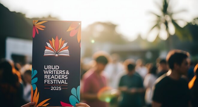Promotional sign for a vibrant literary festival, held outdoors with a large crowd enjoying the cultural community event at sunset