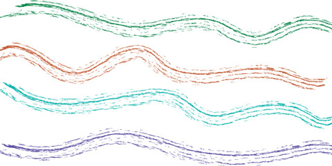 Brush Stroke. Wavy. Colorful. A hand drawn vector set of four wavy brush strokes with a crayon or chalk texture for a social media post, a background, or a creative design element.
