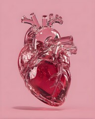 glossy glass anatomical heart pink background glass heart sculpture modern art creative composition