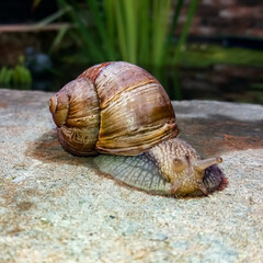 Nahaufnahme einer Weinbergschnecke mit glänzendem, braunem Schneckenhaus, die auf einer rauen, grauen Steinfläche kriecht. Die Fühler sind ausgestreckt, der Hintergrund ist unscharf und dunkelgrün