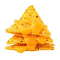Triangular, golden-yellow tortilla chips, stacked and arranged with melted, vibrant orange cheese oozing down against a black background, creating a visually appealing and appetizing food composition.