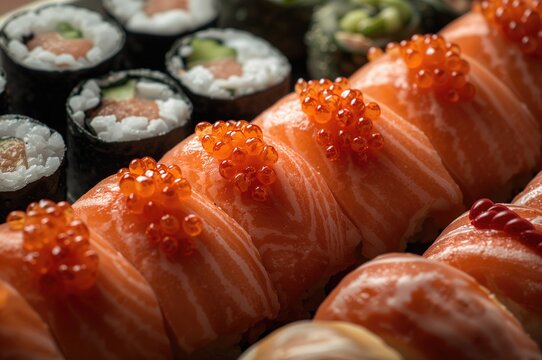 Assorted sushi rolls featuring cucumber maki, seaweed, and salmon maki with salmon roe close-up. Asian-inspired donburi with shrimp and rice.