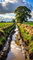 Obraz premium Serene Landscape with Water Channel and Lush Green Fields