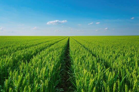 Vast farmland with immature green wheat ready for grain collection - Powered by Adobe