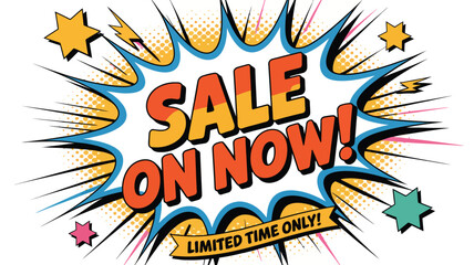 Don't miss out on savings with this eye-catching pop art Sale On Now message, ideal for advertising flash sales and limited time offers, grabbing attention with a dynamic burst design