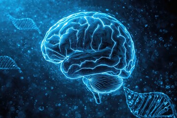Digital illustration of human brains, DNA helix rotation, and scientific data analysis. Concept of worldwide science, medical research, and health services.