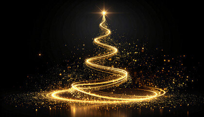 Elegant golden Christmas tree made of glowing glitter lines