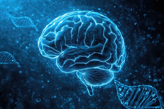 Digital illustration of human brains, DNA helix rotation, and scientific data analysis. Concept of worldwide science, medical research, and health services. - Powered by Adobe