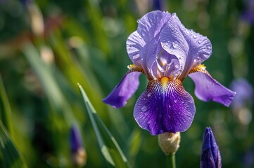 Close-up of purple iris blossoms sparkling with dew in the early sunlight
