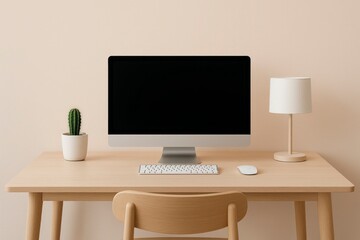 Minimalist Office with Cactus in White Pot