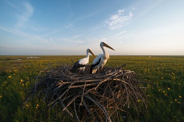 Bird's-eye view of a pair of storks resting in a nest made of twigs and dry foliage, encircled by green grass and blooming yellow flowers.