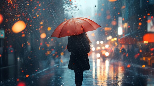 Woman with red umbrella walks through rainy city street at night with bokeh lights
