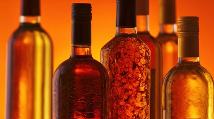 backlighting. An elegant display of wine bottles showcasing intricate glass textures and labels, illuminated by warm backlighting. bar promotions.