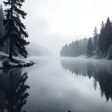 Misty Lake in Winter Forest Landscape