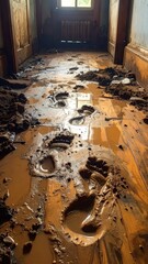 Obraz premium Wet Muddy Footprints on Floor in Abandoned House Interior