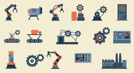 A modern flat design illustration showcasing a collection of essential icons related to industrial automation and smart manufacturing processes. This vector art represents the core elements 