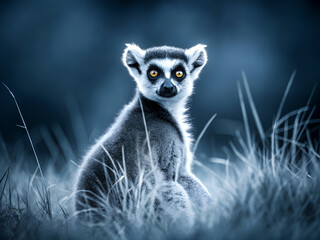 Obraz premium Ring tailed lemur with striking yellow eyes sits alertly in tall grass at twilight