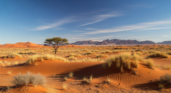 Arid Landscape with Lone Acacia Tree and Sand Dunes Under a Clear Blue Sky