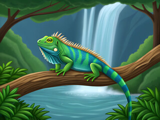 Obraz premium Vibrant green iguana perched on a tree branch with a lush jungle waterfall in the background