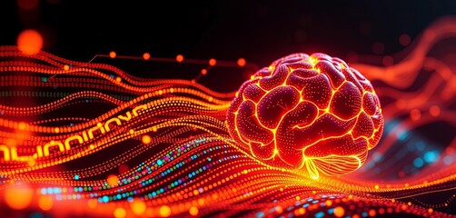 Abstract digital code flowing into glowing AI brain, design, web