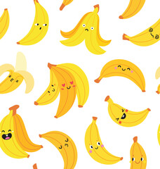 Kawaii Banana Seamless Pattern. Cute Smiling Fruit Cartoon for Kids