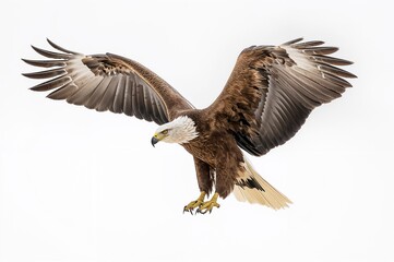 Obraz premium Soaring adult eagle with wings fully extended, gazing downward against a plain white backdrop.
