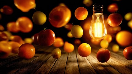 A vibrant display of floating fruits including apples and oranges, illuminated by a glowing light bulb above