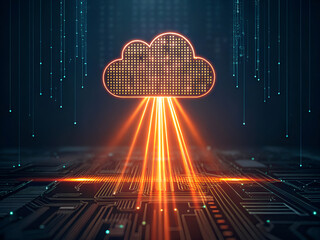 Digital cloud icon glowing with orange light beams emanating from a futuristic circuit board