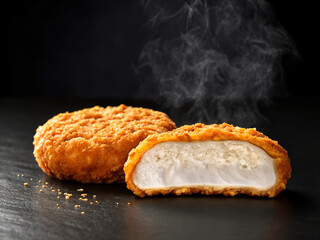 Delicious golden brown breaded cutlet with a steaming hot center on a dark background