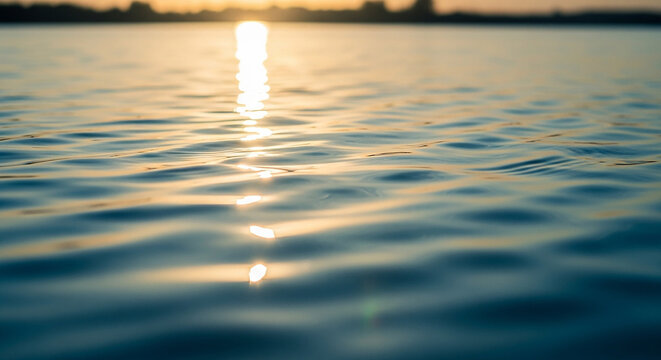 Golden sunset reflecting on gentle ripples of calm water - Powered by Adobe