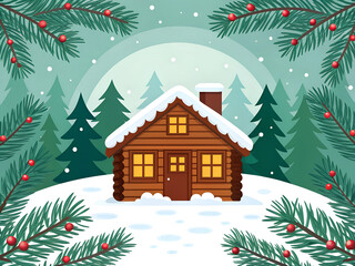 Cozy wooden cabin nestled in a snowy evergreen forest under a soft winter moonlit sky
