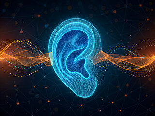 Futuristic digital ear with glowing sound waves representing audio technology and auditory perception