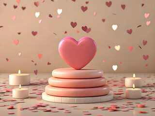 Romantic pink heart sculpture on stacked rings surrounded by candles and heart confetti