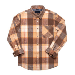 Detailed  shot of a stylish, button-down flannel shirt with a classic plaid pattern, featuring a pocket and rolled-up sleeves, showcasing shades of brown, beige, and white against a solid black...