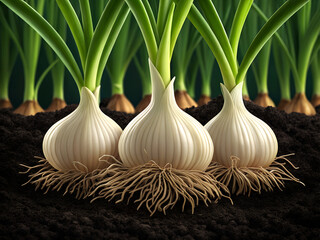 Three fresh garlic bulbs with green stalks and visible roots growing in dark soil