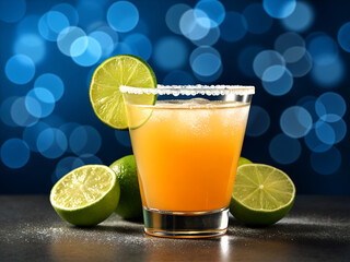 Refreshing orange cocktail with lime garnish and salt rim served on a dark surface with bokeh lights